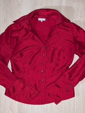 Vintage Y2K Gilani Crimson Red Button Up Blouse Ruched Long Sleeve Size 6